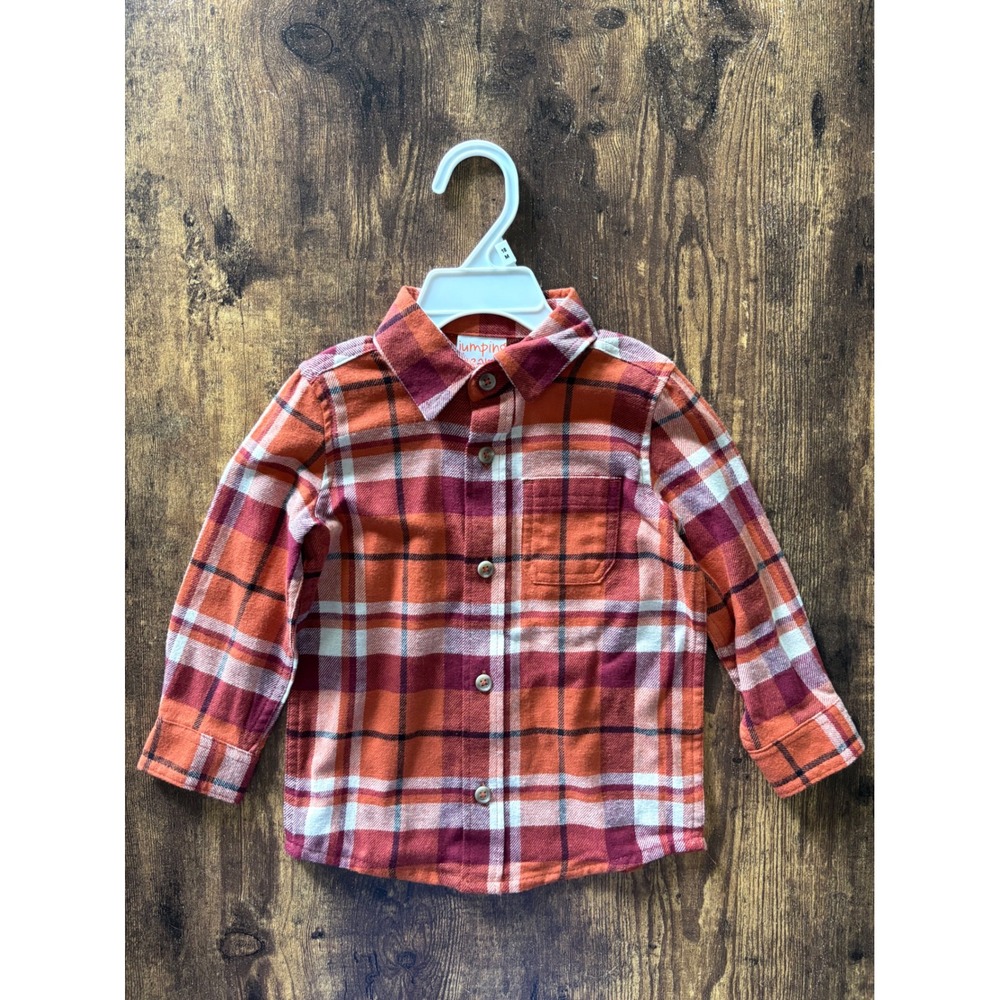 Jumping Beans Toddler Boys Orange Plaid Flannel Button Down Shirt 18 Months NWT